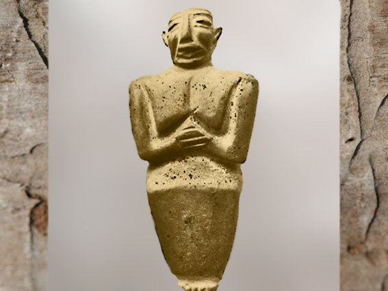 D’après une statuette d'orant, période d'Uruk, vers 3300 avjc, calcaire jaune, actuel Irak, Mésopotamie. (Marsailly/Blogostelle)