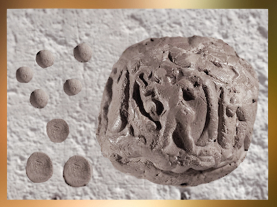 D'après des calculi, jetons et enveloppe-bulle d'argile, IVe millénaire avjc, Uruk, Irak actuel, Mésopotamie. (Marsailly/Blogostelle)