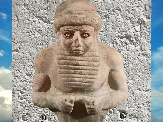 D'après une statuette d'homme à grande barbe, albâtre, Uruk, vers 3000 ans avjc, Irak actuel, Mésopotamie. (Marsailly/Blogostelle)