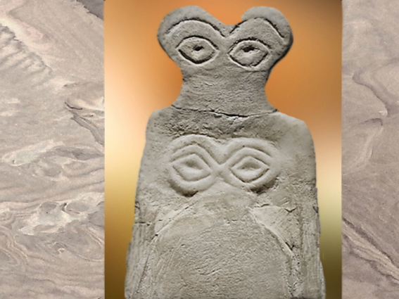 D'après une figurine votive aux grands yeux, albâtre, vers 3700 - 3500 avjc, Tell Brak, Syrie, Mésopotamie. (Marsailly/Blogostelle)