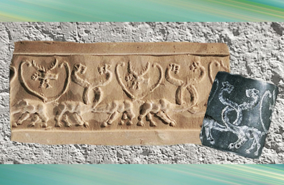 D'après un sceau-cylindre, animaux fantastique, Uruk, vers 3300 ans avjc, Irak actuel. (Marsailly/Blogostelle)