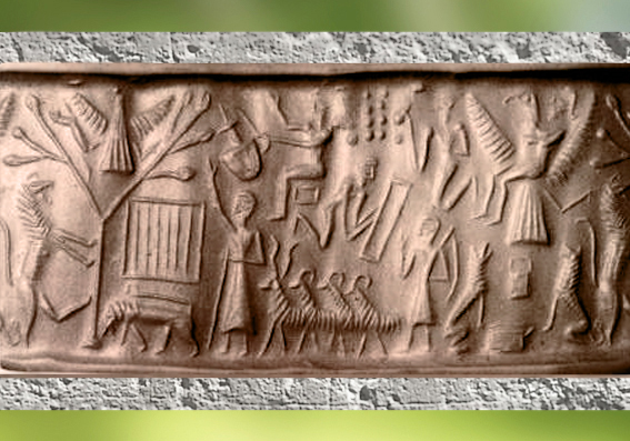 D’après une scène mythique, arbre de vie, troupeau et homme-oiseau, sceau-cylindre, vers 2340 – 2200 avjc, période d’Agadé (Akkad), Mésopotamie. (Marsailly/Blogostelle)