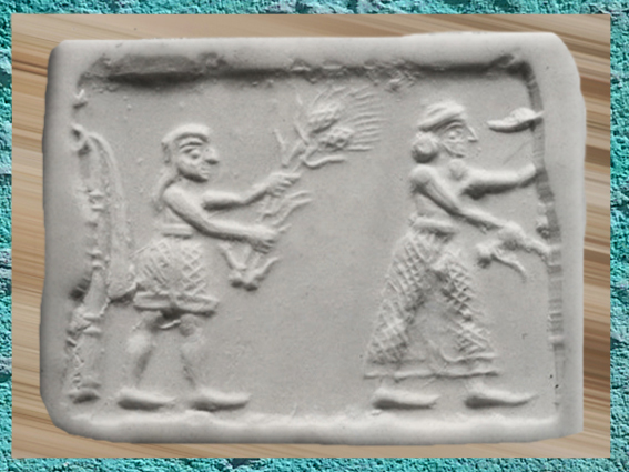 D'après une scène de culte à la déesse Inanna de la Fertilité, le souverain coiffé du bonnet royal et un assistant chargé d'offrandes végétales, Uruk (Irak actuel), vers 3200 avjc, Mésopotamie. (Marsailly/Blogostelle)