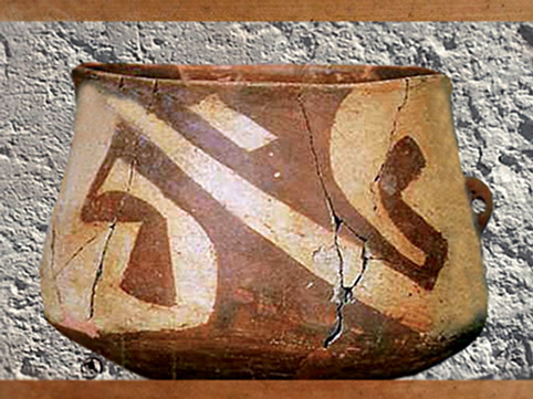 D'après une céramique, motifs abstraits, terre cuite peinte, Hacilar, VIe millénaire avjc, néolithique, Anatolie, Levant, Orient ancien. (Marsailly/Blogostelle)