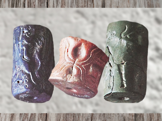 D'après des sceaux-cylindres, lapis-lazuli et pierre verte, vers 3300-2500 avjc, Mésopotamie. (Marsailly/Blogostelle)