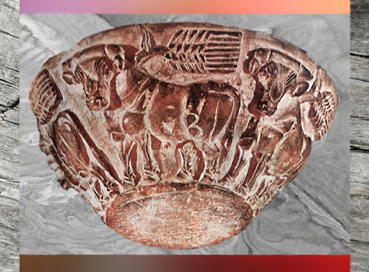 D'après une coupe en stéatite, taureau et épis de blé, vers 3500-3000 ans avjc, Uruk, Irak actuel, Mésopotamie. (Marsailly/Blogostelle)