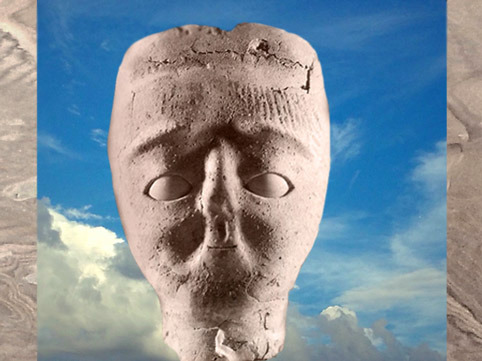 D'après une tête modelée, chaux et roseaux, visage, Jéricho, VIIe millénaire avjc, néolithique, Palestine, Levant, Orient ancien. (Marsailly/Blogostelle)