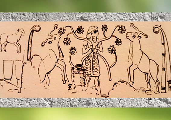 D'après le Roi-Prêtre et le troupeau sacré d'Inanna, empreinte de sceau-cylindre, Uruk, vers 3000 ans avjc, époque de Djemdet-Nasr, Mésompotamie. (Marsailly/Blogostelle)
