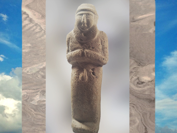 D’après un Roi-Prêtre, nu, dans l'attitude de l'orant en prière, statuette, vers 3200 avjc, calcaire, Sumer, Mésopotamie. (Marsailly/Blogostelle)