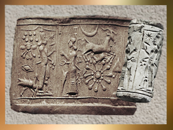D'après une scène mythologique, Lune et Soleil, sceau-cylindre, calcaire, IVe-IIIe millénaire avjc, Mésopotamie. (Marsailly/Blogostelle)