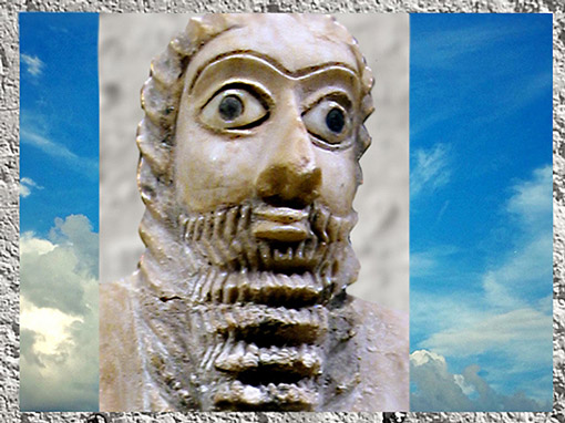 D'après un orant du temple d'Abu à Eshnunna, albâtre, 2550-2600 avjc, époque des dynasties archaïques, Tell Asmar, Irak actuel, Mésopotamie. (Marsailly/Blogostelle)