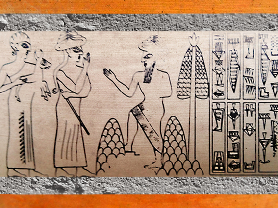 D’après une scène d’adoration et d’offrande, sceau de Lugal-Ushumgal, deuxième moitié du IIIe millénaire avjc, bulle de Tello, Irak actuel, Mésopotamie. (Marsailly/Blogostelle)