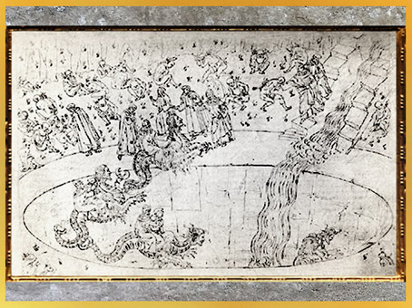 D'après le monstre Géryon, Dante et Virgile, l'Enfer, Sandro Botticelli, 1480-1495, Divine Comédie, XVe siècle, Renaissance. (Marsailly/Blogostelle)