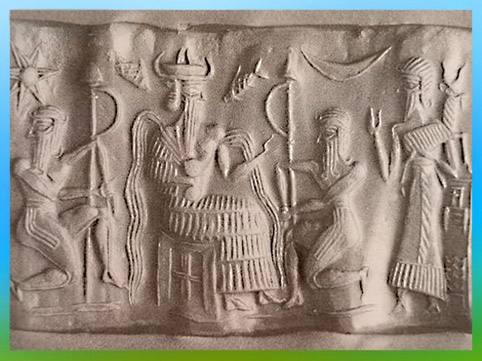 D’après Enki trônant, dieu sumérien protecteur de l’Humanité, des filets d'eau jaillissent de ses épaules, empreinte de sceau, IIIe millénaire avjc, Mésopotamie. (Marsailly/Blogostelle)