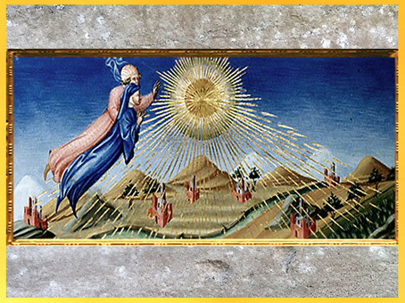 D'après le Paradis, Dante et Béatrice s'envolant vers les Cieux, de Giovanni di Paolo, 1450, Divine Comédie, Toscane, XVe siècle, Renaissance. (Marsailly/Blogostelle)