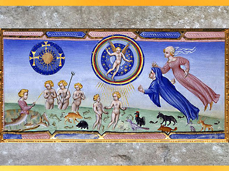 D'après Dante et Béatrice au Paradis, trois croix évoquent le Mystère de la Trinité, la Divine Comédie, Giovanni di Paolo, 1450, Toscane,  XVe siècle, Renaissance. (Marsailly/Blogostelle)