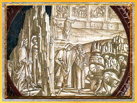 D'après Dante et Virgile, détail, Purgatoire, de Luca Signorelli, fresque, San Brizio, Orvieto 1499-1502, Divine Comédie, début XVIe siècle. (Marsailly/Blogostelle)