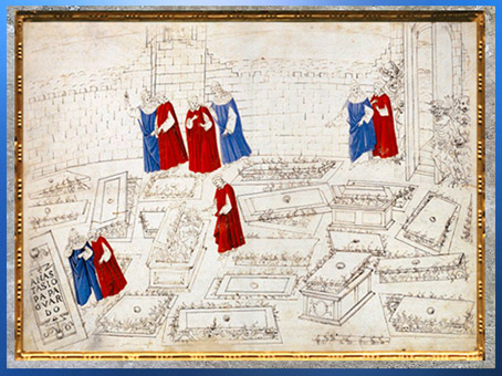 D'après l'Enfer, les Tombeaux Brûlants, Sandro Botticelli, La Divine Comédie, 1480-1495, fin XVe siècle, Renaissance. (Marsailly/Blogostelle)