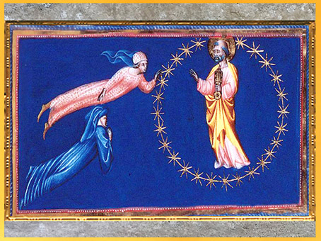 D'après le Paradis, Dante, Béatrice et Saint Pierre, de Giovanni di Paolo, 1450, Divine Comédie, Toscane, XVe siècle, Renaissance. (Marsailly/Blogostelle)