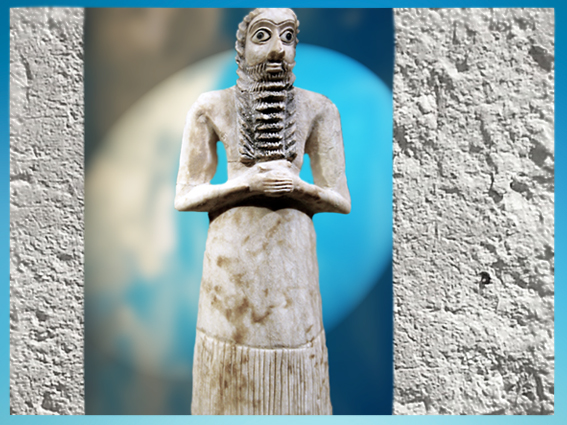 D’après un orant, statuette votive, albâtre, vers 2750-2600 avjc, époque des dynasties archaïques de Sumer, Eshnunna-Tell Asmar, Irak actuel, Mésopotamie. (Marsailly/Blogostelle)