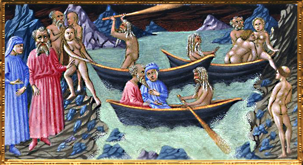 D'après l'Enfer, Dante, Virgile et Charon traversent l'Acheron, Giovanni di Paolo, 1450 apjc, Toscane. (Marsailly/Blogostelle)