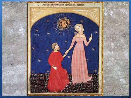 D'après Dante et Béatrice, Paradis, Divine Comédie, miniature vénitienne, XIVe siècle, art Médiéval. (Marsailly/Blogostelle)