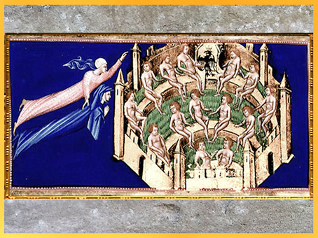 D'après le Paradis, Dante et Béatrice, cité céleste, de Giovanni di Paolo, 1450, Divine Comédie, Toscane, XVe siècle, Renaissance. (Marsailly/Blogostelle)