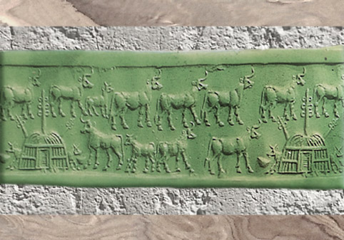 D'après le troupeau sacré de la déesse Inanna, empreinte de sceau, temple de Sîn, Khafadje, IIIe millénaire avjc, dynasties archaïques sumériennes, Irak actuel, Mésopotamie. (Marsailly/Blogostelle)