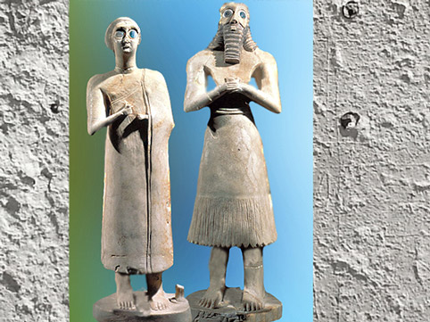 D'après un couple d'orants, temple d'Abu, Eshnunna, 2550-2600 avjc, époque des dynasties archaïques sumériennes, Tell Asmar, Irak actuel, Mésopotamie. (Marsailly/Blogostelle)
