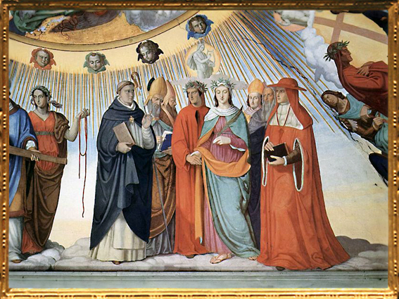 D'après Dante et Béatrice, Saint Thomas d'Aquin, Albertus Magnus, Petrus Lombardus..., Philipp Veit, 1817-1827 apjc, fresque villa Massimo, Rome. (Marsailly/Blogostelle)