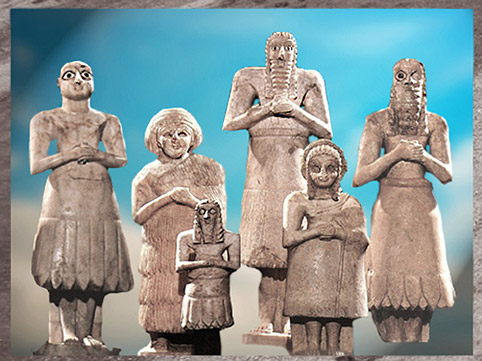 D’après un groupe d'orants, statuaire votive, temple d'Abu, dieu de la Verdure, 2550-2600-avjc, époque des dynasties archaïques sumériennes, Eshnunna, Tell Asmar, actuel Irak, Mésopotamie. (Marsailly/Blogostelle)