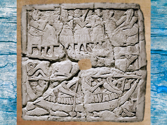 D’après une scène de Banquet, dont un épisode sur l'eau, bas-relief perforé, vers 2700 - 2650 avjc, époque des dynasties archaïques, Sumer, Mésopotamie. (Marsailly/Blogostelle)