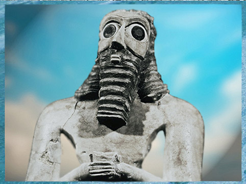D’après un orant, au visage et à la barbe en forme de trapèze, vers 2700 avjc, Eshnunna-Tell Asmar, époque des dynasties archaïques sumériennes, actuel Irak, Mésopotamie. (Marsailly/Blogostelle)