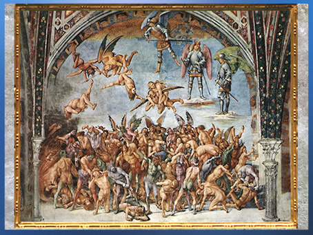 D'après l'Enfer, Divine Comédie, de Luca Signorelli, fresque, chapelle San Brizio, Orvieto, 1499-1502, début XVIe siècle, Renaissance. (Marsailly/Blogostelle)