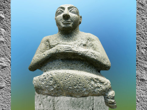 D'après Kur-lil en orant, haut personnage du royaume d'Uruk, statuaire votive, vers 2500 avjc, temple de Ninhursag, Tell al-Ubaid, Irak actuel, époque des dynasties archaïques sumériennes, Mésopotamie. (Marsailly/Blogostelle)