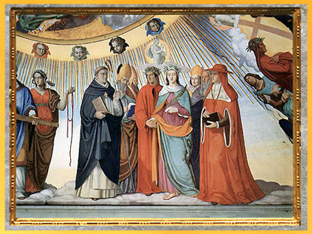 D'après Dante, Béatrice, Saint Thomas d'Aquin..., Empyrée, de Philipp Veit, 1819-1824, La Divine Comédie, fresque, Villa Casino Massimo, Rome, XIXe siècle. (Marsailly/Blogostelle)