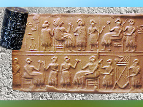 D'après une scène de banquet, sceau de la reine Pû-abi, vers 2600 avjc, tombes royales d'Ur (Tell al-Muqayyar), actuel Irak, époque des dynasties archaïques sumériennes, Mésopotamie. (Marsailly/Blogostelle)