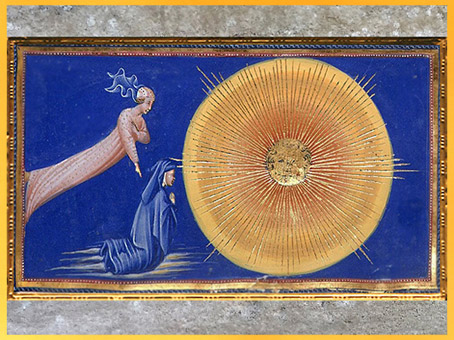 D'après La Divine Comédie, l'Empyrée, Dante et Béatrice, Giovanni di Paolo, 1450, Toscane, XVe siècle, Renaissance. (Marsailly/Blogostelle)