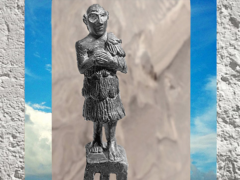 D'après une statuette d'orant royal porteur d'offrande, albâtre, style sumérien, 2500-2350 avjc, époque des dynasties archaïques, pays d'Élam, actuel Iran, Orient ancien. (Marsailly/Blogostelle)