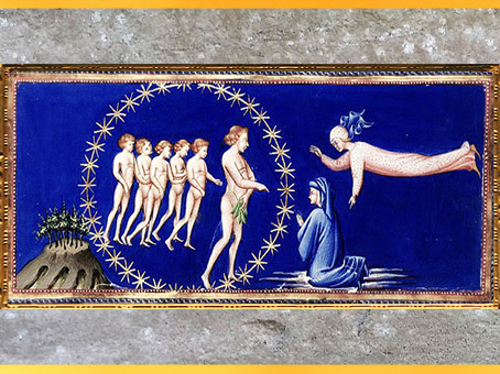 D'après Dante et Béatrice, Mont du Paradis, Divine Comédie, de Giovanni di Paolo, 1450, Toscane, XVe siècle, Renaissance. (Marsailly/Blogostelle)
