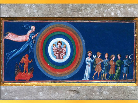 D'après le Paradis, figures astrologiques, Giovanni di Paolo, 1450, La Divine Comédie, Toscane, XVe siècle, Renaissance. (Marsailly/Blogostelle)