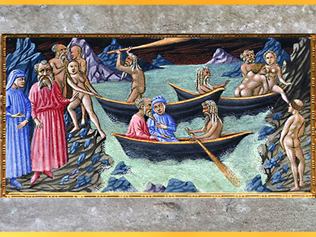 D'après l'Enfer, Dante, Virgile et Charon traversent l'Acheron, Giovanni di Paolo, 1450, La Divine Comédie, Toscane, XVe siècle, Renaissance. (Marsailly/Blogostelle)