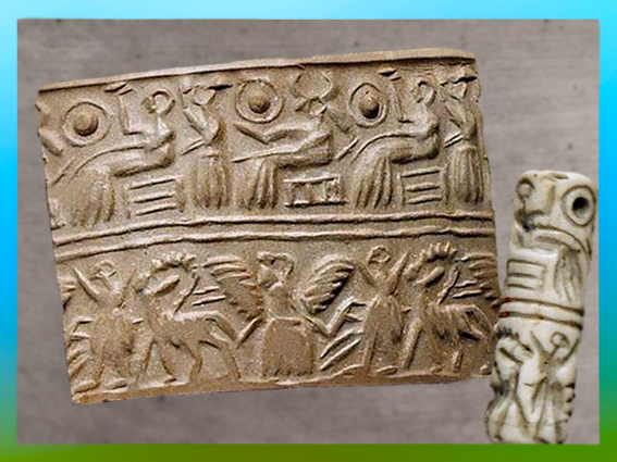 D'après une scène cultuelle et divinités, empreinte de sceau-cylindre, vers 2600-2340 avjc, époque des dynasties archaïques, calcaire, Sumer, Mésopotamie. (Marsailly/Blogostelle)