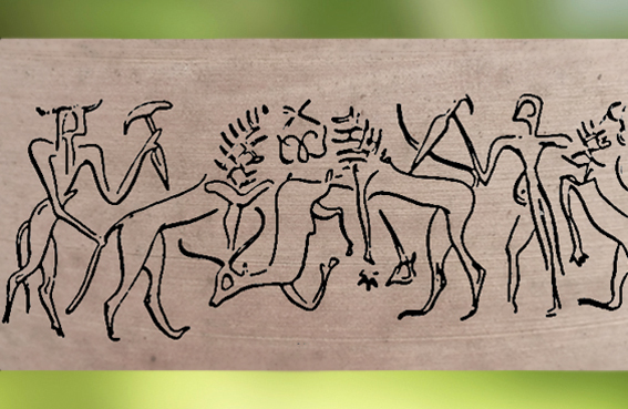 D’après une scène mythique, empreinte de sceau-cylindre, style dit de Fara, vers 2700-2600 avjc, dynasties archaïques sumériennes, Shuruppak (actuel Fara), Irak actuel, Mésompotamie. (Marsailly/Blogostelle)