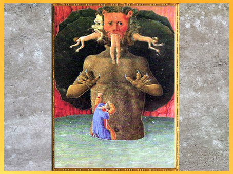 D'après Dante et Virgile le long de Lucifer, La Divine Comédie, 1480, Codice Urbinate Latino, XVe siècle, Renaissance. (Marsailly/Blogostelle)