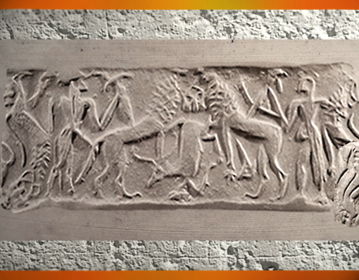 D’après une scène mythique, empreinte de sceau-cylindre, style dit de Fara, vers 2700-2600 avjc, époque des dynasties archaïques sumériennes, Mésopotamie. (Marsailly/Blogostelle)