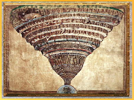 D'après le cône inversé de l'Enfer, Divine Comédie, de Sandro Botticelli, 1480-1495, fin XVe siècle, Renaissance. (Marsailly/Blogostelle)