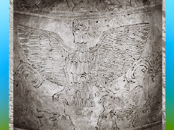 D'après le vase voué à Ningirsu par Entemena roi de Lagash, argent et cuivre, avec Imdugud, l'aigle du dieu Ningirsu, détail, vers 2400 avjc, dynasties archaïques sumériennes, Girsu-Tello, Irak actuel, Mésopotamie. (Marsailly/Blogostelle)
