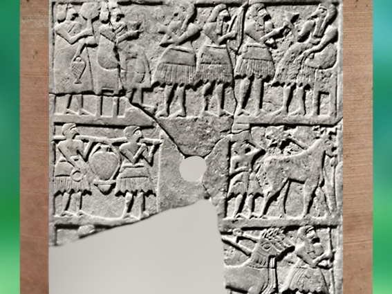 D'après le relief perforé dit du Nouvel An, banquet, porteurs et char, vers 2700 avjc, Temple Ovale, Khafadjé, Irak actuel,  époque des dynasties archaïques sumériennes, Mésopotamie. (Marsailly/Blogostelle)