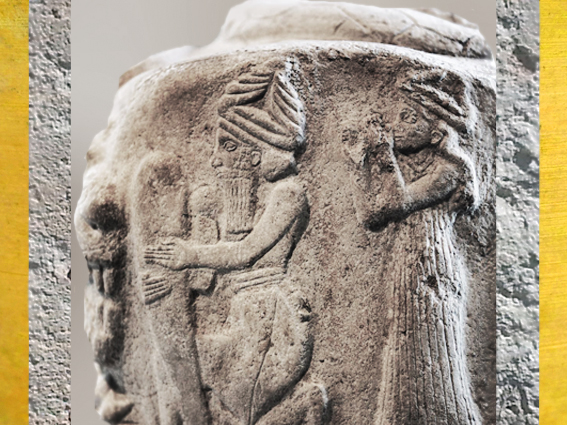 D'après un galet de fondation, dieu et déesse avec un cône ou un clou de fondation, vers 2100 avjc, Suse, Iran actuel, Orient ancien. (Marsailly/Blogostelle)